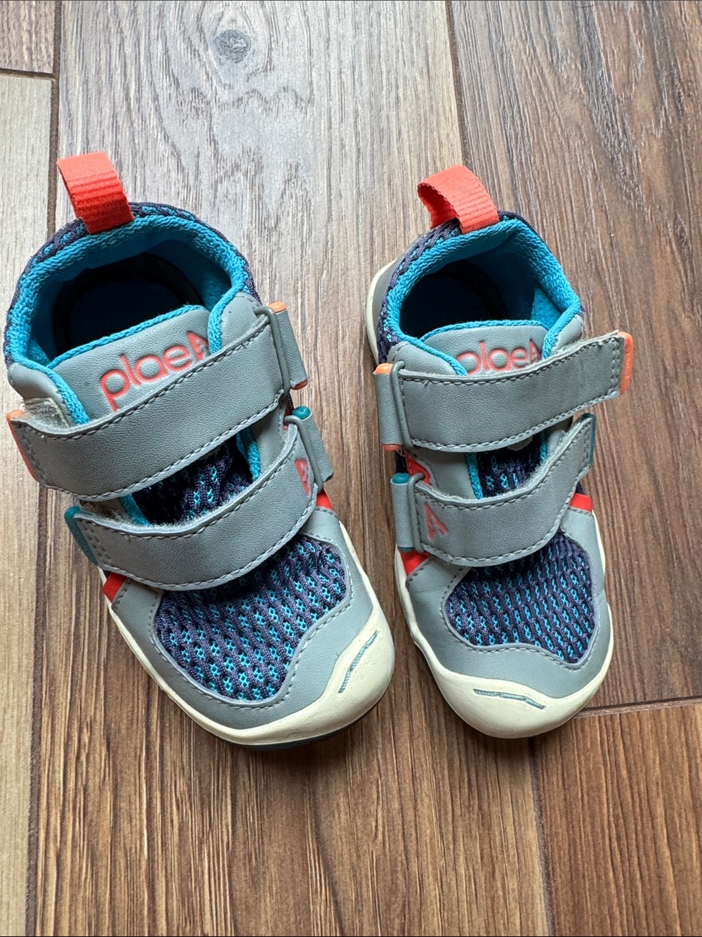 PLAE Kids Gray, Blue & Coral Velcro Sneakers
